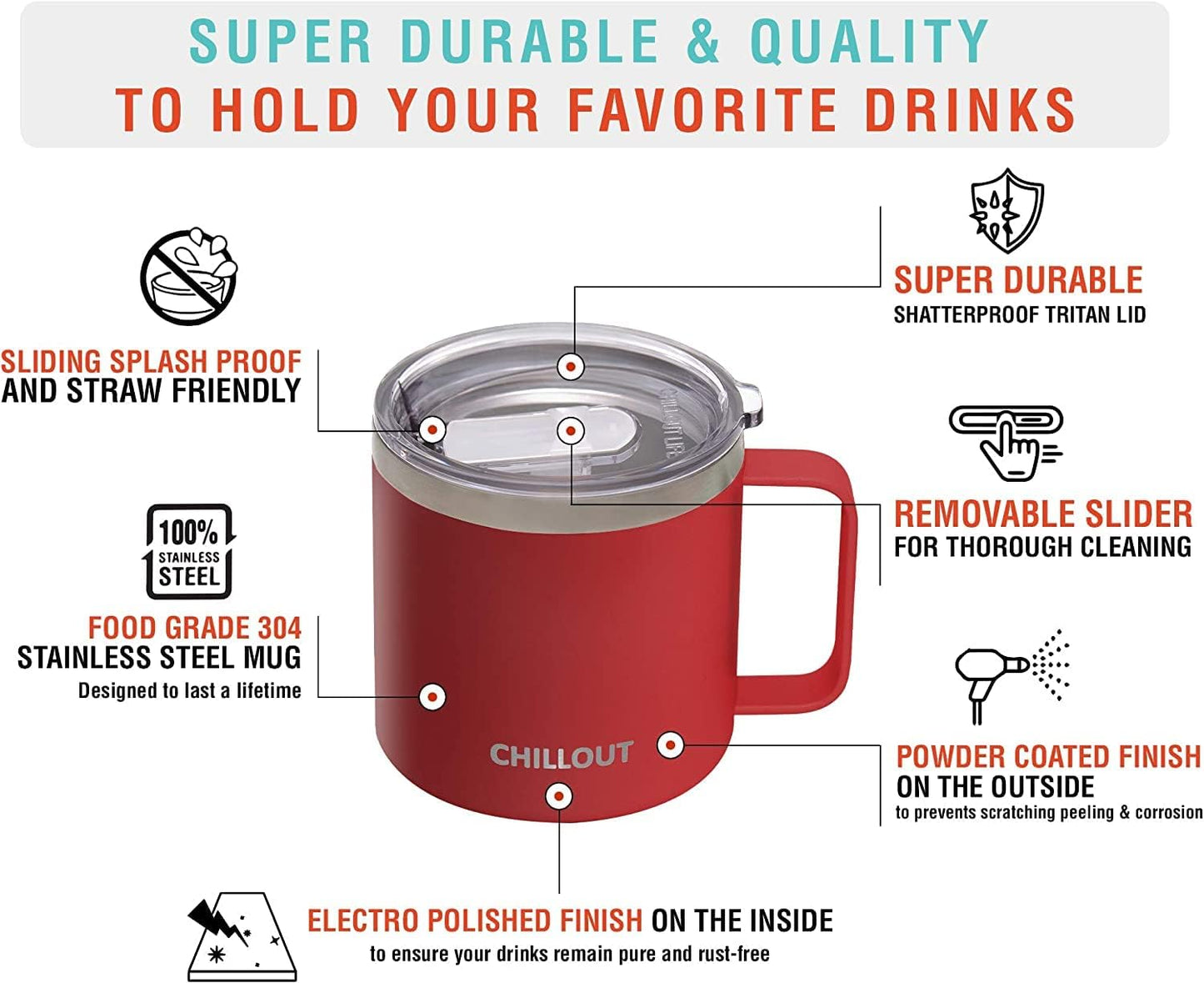 CHILLOUT LIFE Stainless Steel 16 oz Vacuum Insulated Coffee Mug with Handle and Lid, Large Thermal Camping Coffee Mugs with Sliding Lid for Men & Women, Keeps your Beverages Hot/Cold, 2 Pack