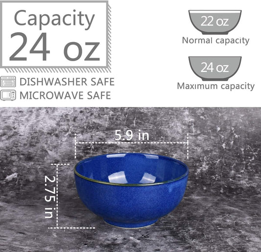 Bosmarlin Ceramic Soup Bowl Set of 4, 24 Oz, Cereal Bowl for Oatmeal, Dishwasher and Microwave Safe (5.75 Inches, Royal blue)