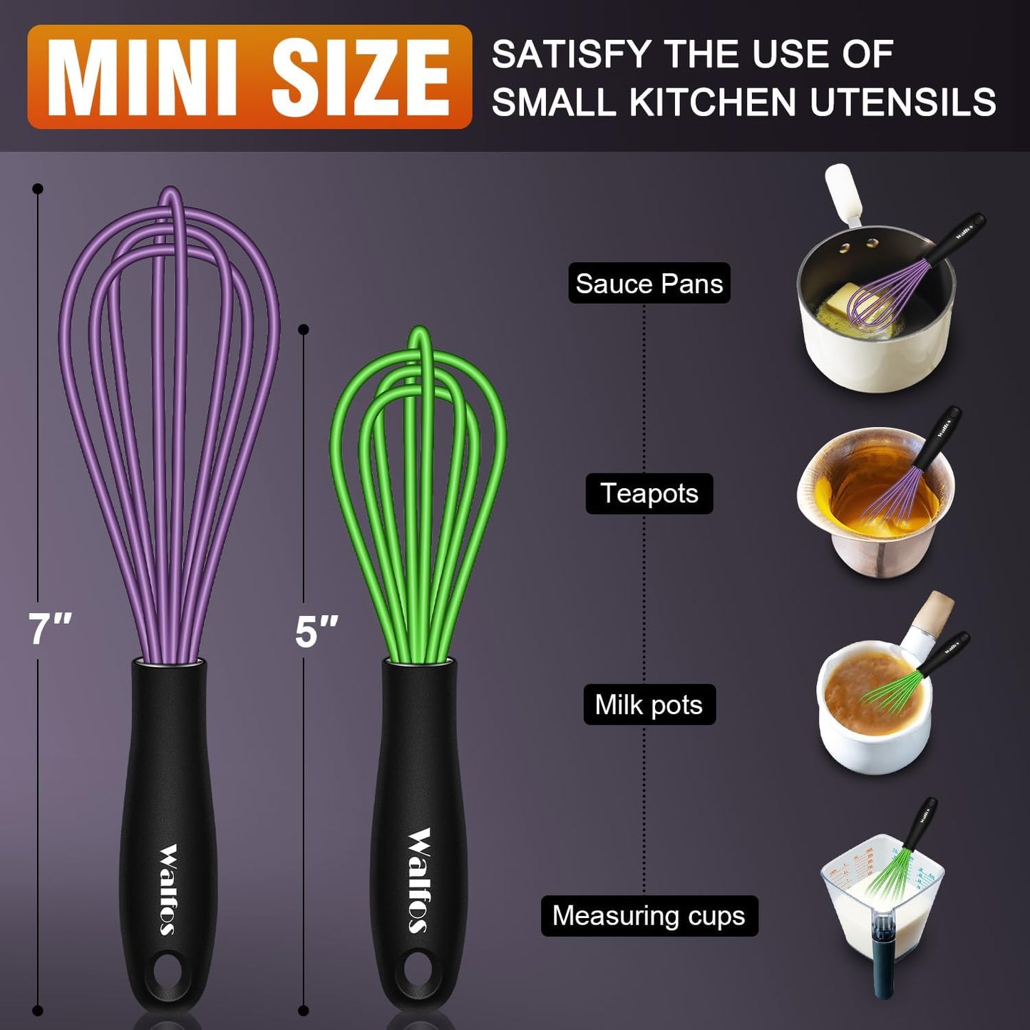 Walfos Whisk,5+7Inch Mini Whisks,Silicone Whisk Non Scratch whisk,Heat Resistant(480°F) Small whisks Suitable for stirring individual eggs and mixing small amounts of powder and sauce. Purple & Green
