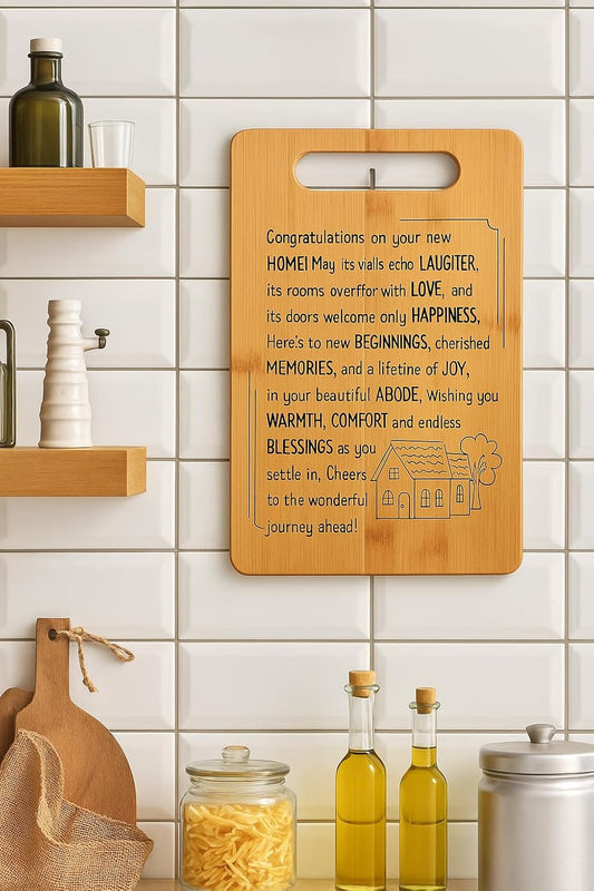 Housewarming Gifts for New Home - Bamboo Cutting Board with Engraved Message - New Home Essentials for Homeowners, Couples, Friends, or Family - Decorative Kitchen Gift Board, 12" x 8"