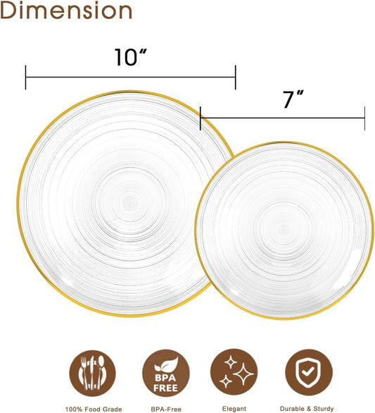 100PCS Pearl White Plastic Plates-Crystal Design Disposable Plates with Gold Rim, Fancy Disposable Plates Include 50 White Dinner Plate and 50 Dessert/Salad Plate for Party & Wedding