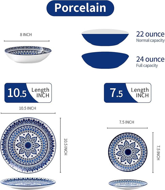 Bestone Porcelain Dinnerware Sets Service for 4, 12 pcs Hand drawn Plates and Bowls Sets, Handmade Ceramic Dish Set, Chip Resistant Modern Plate Set, Dishwasher/Microwave Safe,Vintage Blue