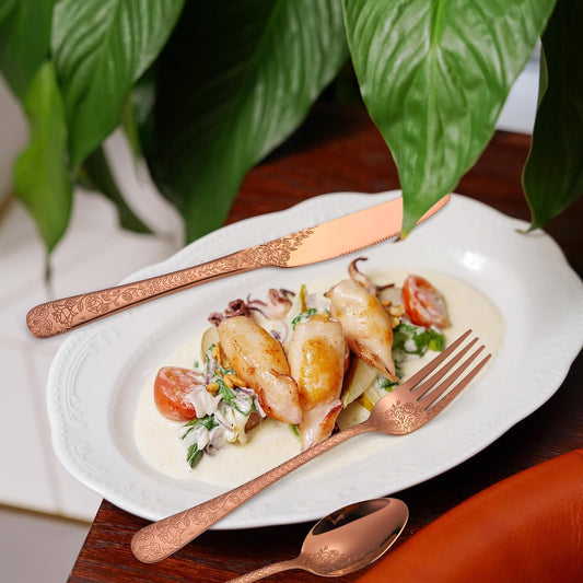 Vintage Flatware Copper/Rose Gold Floral Silverware 30 Piece Stainless Steel Set for 6 Cutlery Utensils Unique Embossed Pattern Design Elegant Home Kitchen Restaurant Festival Parties…