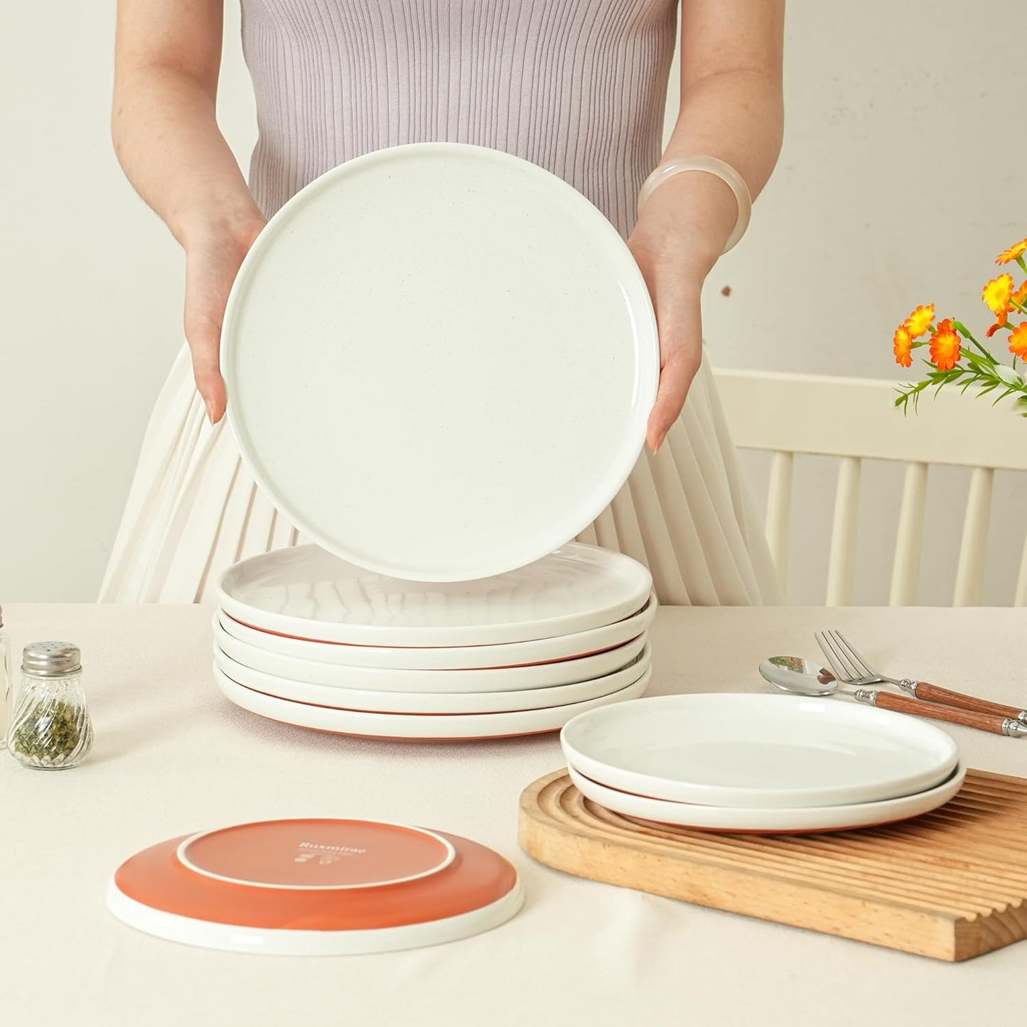 Stoneware Dinner Plates Set of 4, 10.25 Inch Plates for Steak, Pasta, Ceramic Plates Sets, Microwave Safe, Dishwasher Safe, Versatile for All Seasons, Stardust Glaze White