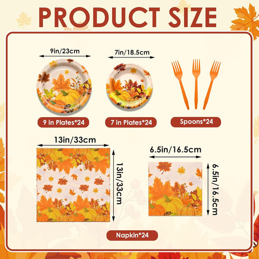 96 Pieces Thanksgiving Tableware Set - Fall Harvest Disposable Dinnerware with Plates, Napkins, Forks for Autumn Celebrations, Thanksgiving Day, and Harvest Festival, Serves 24 Guests