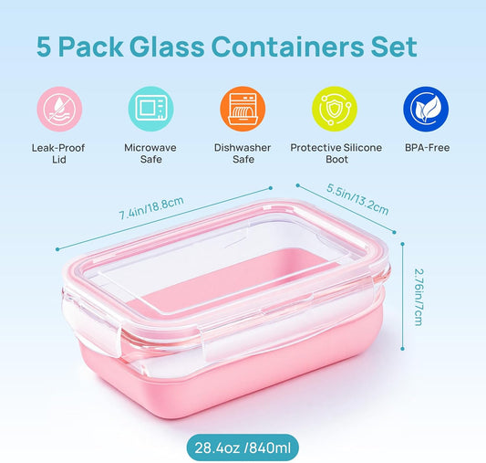 Vtopmart 5 Pack 28oz Glass Food Storage Containers Set with Silicone Sleeve,Glass Meal Prep Containers, Lunch containers with Airtight BPA-Free Plastic Lids, Dishwasher, Microwave, and Freezer Safe