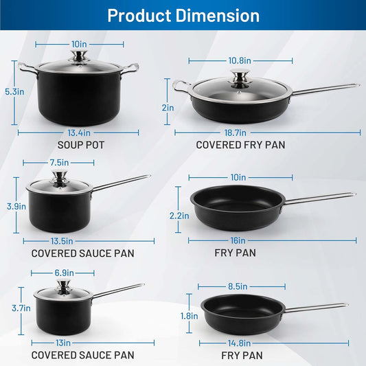 Stainless Steel pots and pans set, 10 Piece Nonstick Kitchen Induction Cookware Set,Works with Induction/Electric and Gas Cooktops, Nonstick, Dishwasher, Black
