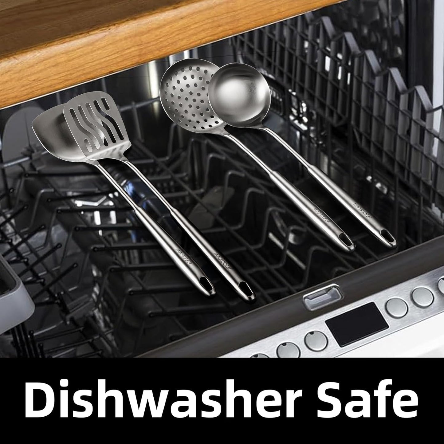 5 Pieces Cooking Utensils set, 18/8 Stainless Steel Kitchen Utensil Set with Rotating Holder (Dishwasher Safe)