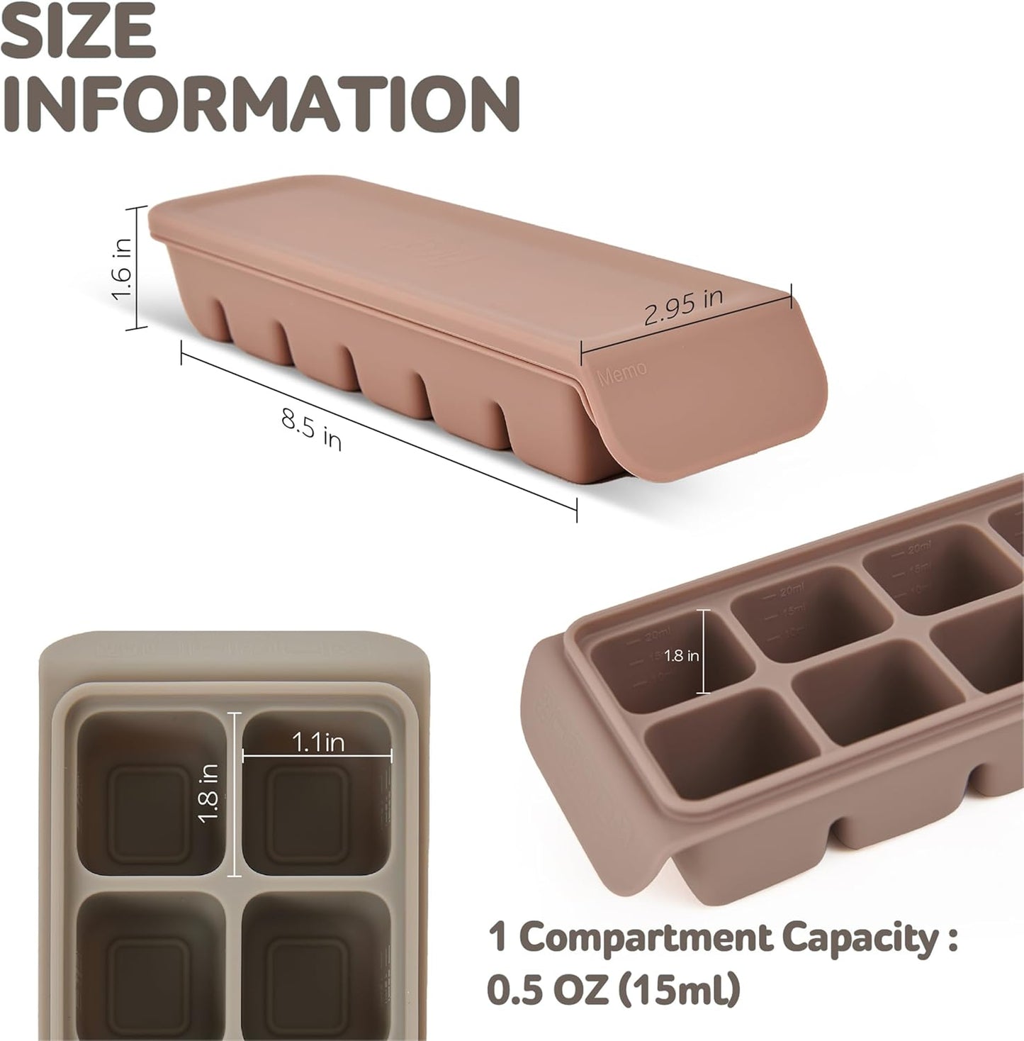 Silicone Freezer Trays with Lid,0.7oz 12 Section-Leak Proof Silicone Freezer molds for Homemade Baby Food Breastmilk, Purees, Vegetables, Fruit, Baby Food Jars Ice Tray with Lid BPA Free Brown