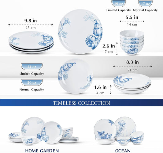 Minh Long 12 Pcs Porcelain Thanksgiving Dinnerware Set, Pumpkins Harvest Plates and Bowls Set for 4, Fall Dishes Chip & Scratch Resistant, Oven Safe up to 482°F, Non Toxic Dishwasher & Microwave Safe