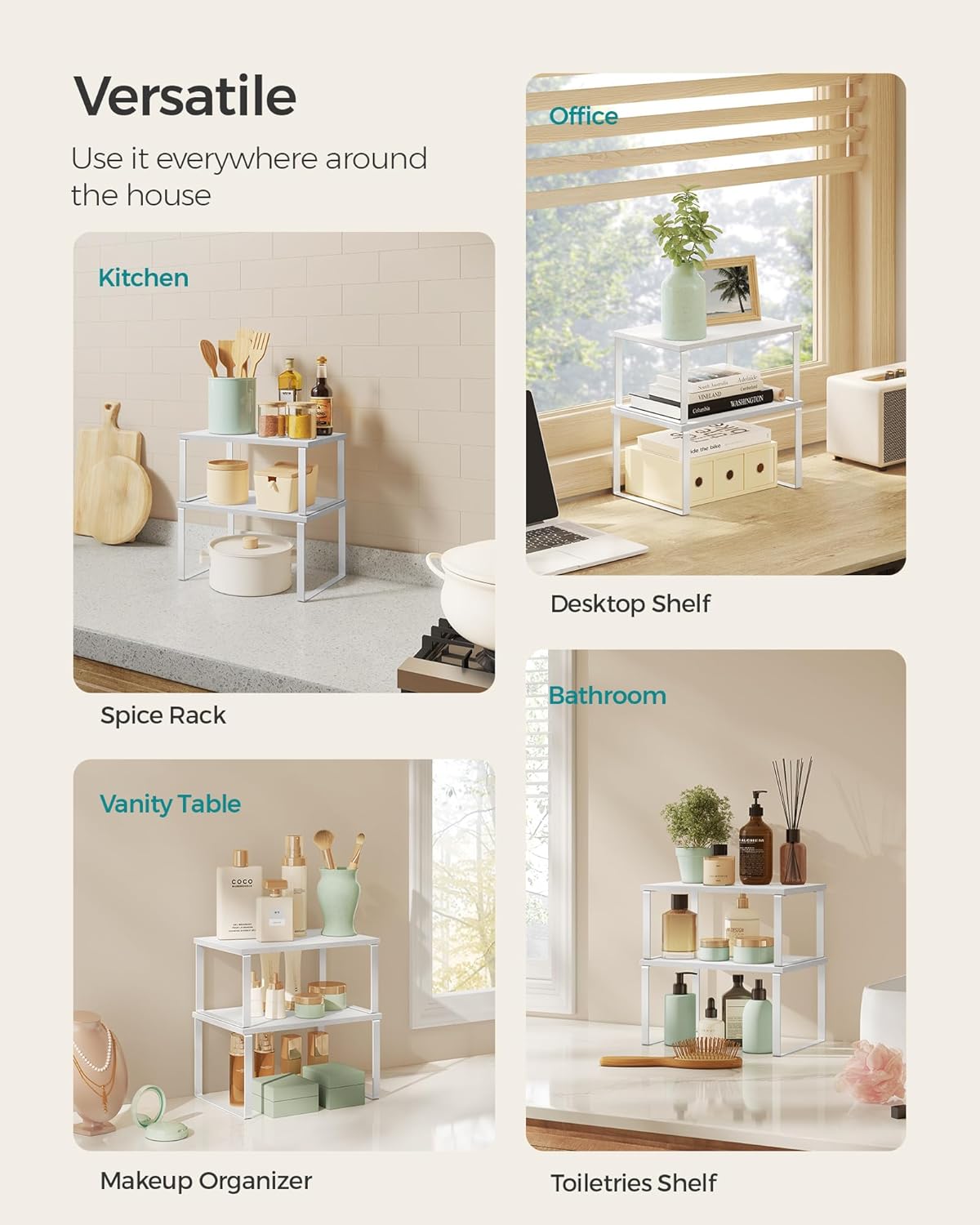 SONGMICS Cabinet Organizer Shelf, Set of 4 Kitchen Counter Shelves, Kitchen Storage, Spice Rack, Stackable, Expandable, Metal and Engineered Wood, Cloud White and Snow White UKCS027W01