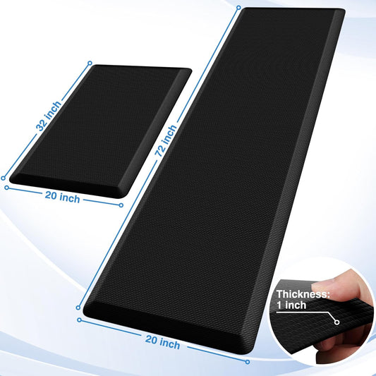 StepRite Kitchen Mats, 2PCS Kitchen Rugs, Cushioned Anti Fatigue Kitchen Mats for Floor, Non-Slip Standing Desk Mat, Waterproof Kitchen Rug Set for Kitchen, 20" x 32"+20" x 72"-Full 1 inch Thick,Black