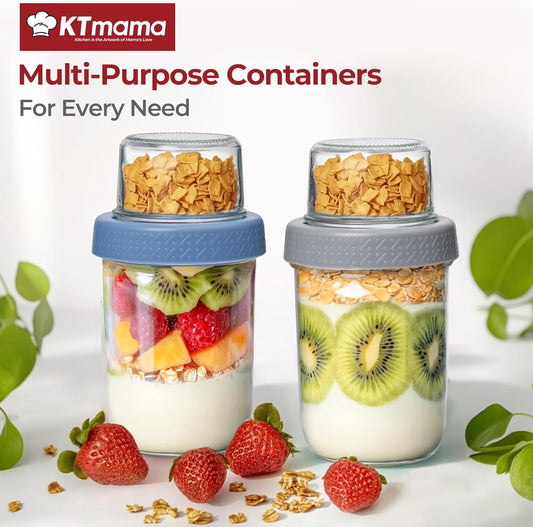 2 Pack 16 OZ Overnight Oats Containers with Lids, Dual-Layer Glass Meal Prep with Dry and Wet Separation, Airtight Food Jars for Oatmeal Yogurt Parfait Cups Cereal Nut Fruit (Mixed color 1)