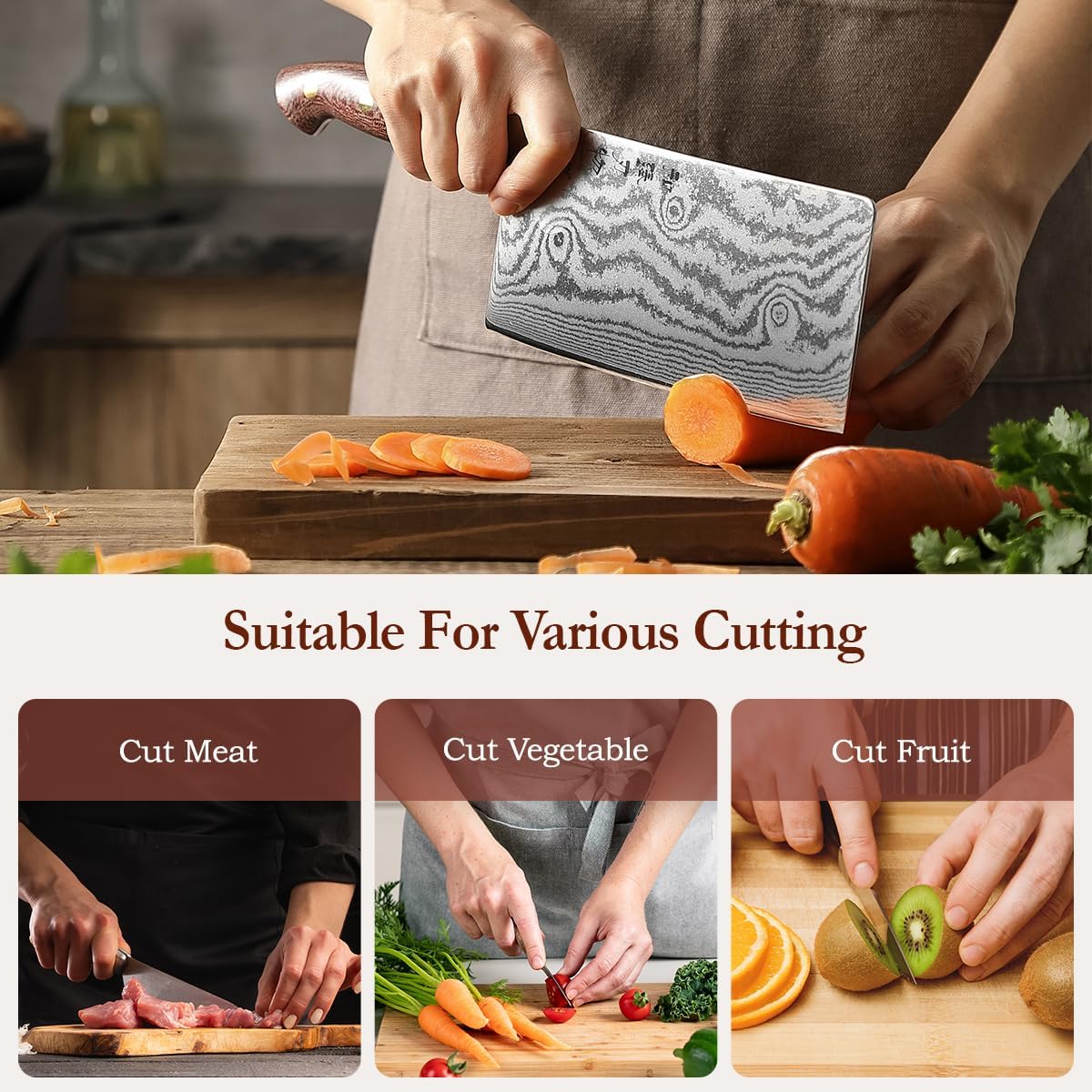 HEZHEN Meat Cleaver Knife,7 Inches, 67 Layers Damascus Steel Kitchen Knife, Professional Cleaver Knife for Meat and Vegetable Cutting, Ultra Sharp, Ergonomic Micarta Handle, Gift Packing