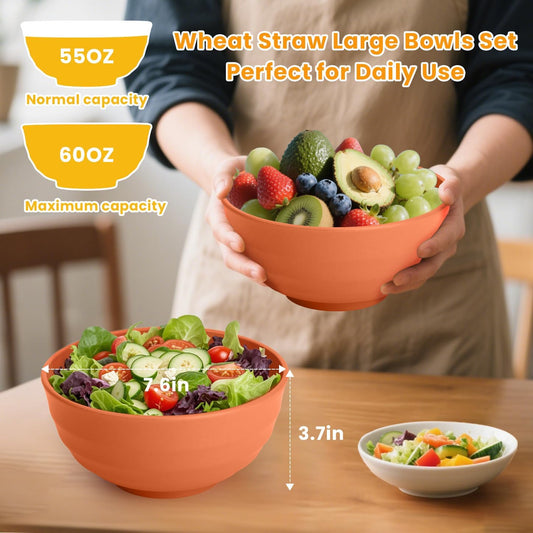 Homienly 60 OZ Large Salad Bowls,Wheat Straw Bowls Set of 8,Large Serving Bowl for Wedding Parties, Microwave and Dishwasher Safe Bowl for Salad,Soup,Big Bowls for Kitchen-Orange
