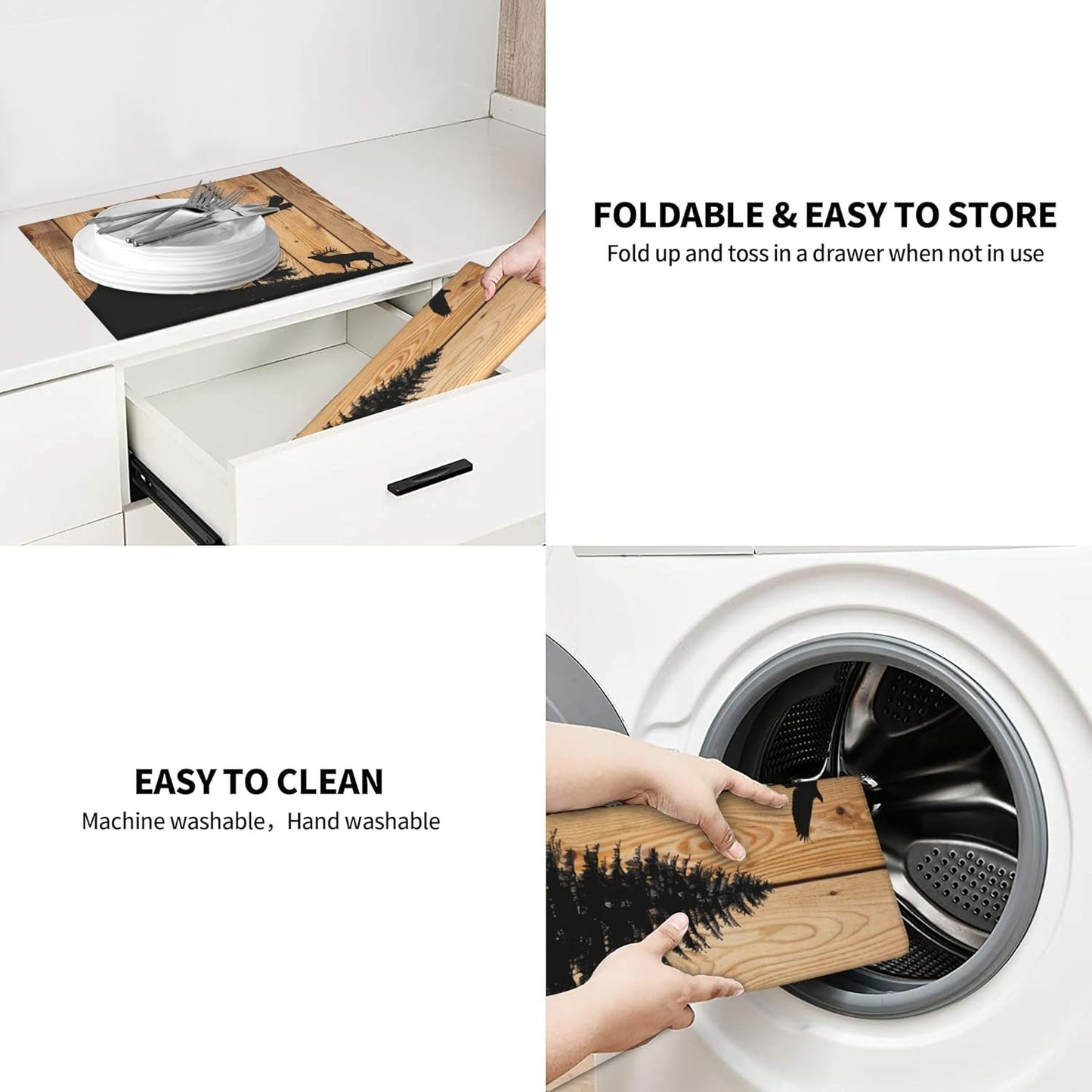 Retro Rustic Wolf Deer Forest Brown Wood Dish Drying Mat for Kitchen Counter, 16"x18" Microfiber Absorbent Fast Dry Mat, 2Pcs Dish Mat Faucet Mats Sets, Large Drying Kitchen Mat Kitchen Drying Pad