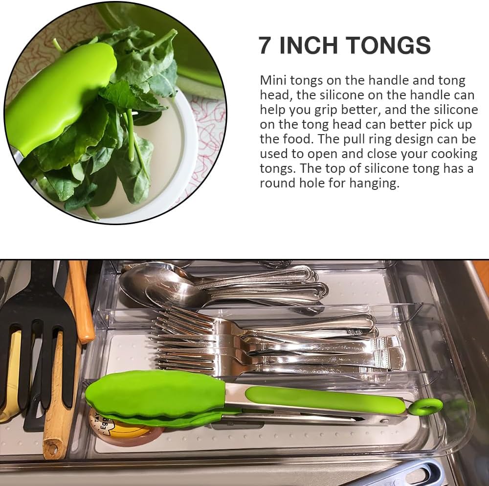 Small Silicone Serving Tongs Set of 3, Mini Tongs (7 inch) with Silicone Tips and Stainless Steel Handle, Great for Salads, Steaks, Vegetables