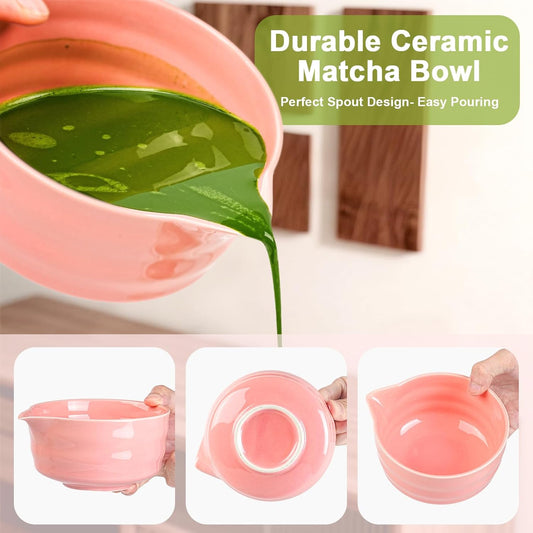 Matcha Set, 5 Pcs Matcha Whisk Set Includes Ceramic Matcha Bowl with Spout, Bamboo Matcha Whisk Chasen, Holder,Scoop,Sifter, Matcha Kit for Making Breakfast & Latte, Gift for beginners(Pink)