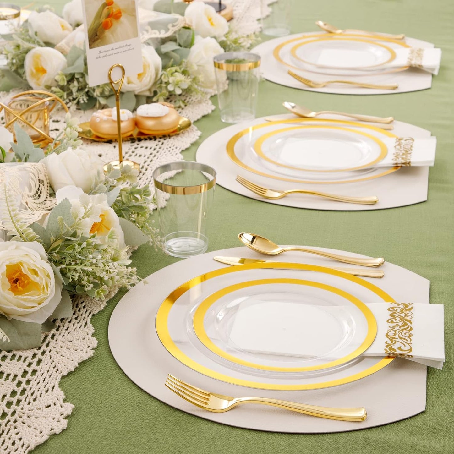 YOUBET 210PCS Clear Gold Plastic Dinnerware - Gold Plastic Plates and Golden Dinnerware Includes 30 Dinner Plate, 30 Dessert Plate, 30 Gold Cups, 30 Napkins for Party & Wedding Thanksgiving