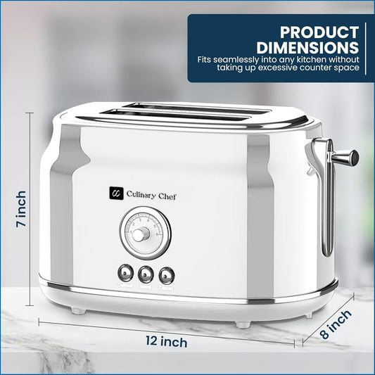 CULINARY CHEF, 2 Slice Toaster, Retro Style, Wide Slot for Bread, English Muffins, Croissants, and Bagels, 6 Adjustable Toast Settings, Cancel and Defrost, 900w, White