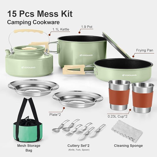 Odoland 15pcs Camping Cookware Mess Kit, Non-Stick Lightweight Pot Pan Kettle Set with Stainless Steel Cups Plates Forks Knives Spoons for Camping, Backpacking, Outdoor Cooking and Picnic