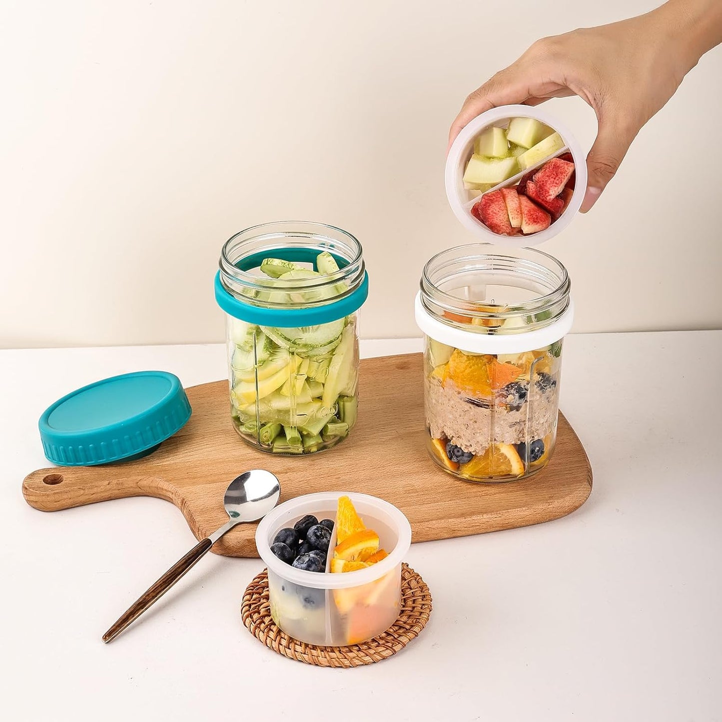 Liuruiyu 6 Pack 16 oz Overnight Oats Containers with Lids and Spoons, Wide Mouth Mason Jars with Removable Separate Compartments, Airtight and Leak-Proof Glass Jars for Chia Pudding, Yogurt, Parfait