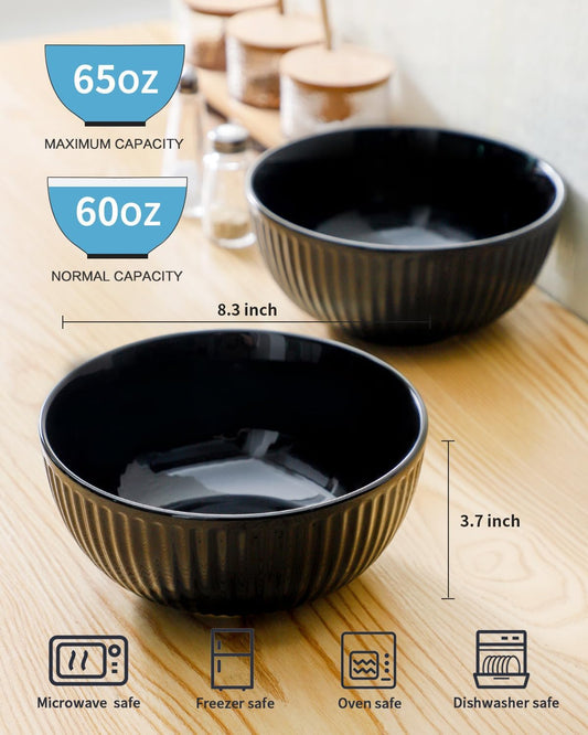 Hasense Large Serving Bowls Set of 2, 60 Oz Porcelain Salad Bowl 8 Inch for Kitchen Dining,Elegant Ribbed Ceramic Dishes for Party,Soup,Pho,Pasta,Cereal,Fruit - Dishwasher & Microwave Safe, Black