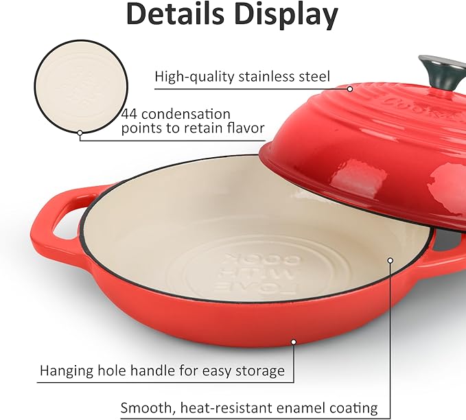 Premium Enameled Cast Iron Dutch Oven for Bread Baking | Non-Stick 2QT Oval Bread Oven with Lid | Perfect for Sourdough, Loaf, and Artisan Baking (Round Red, 5 QT)
