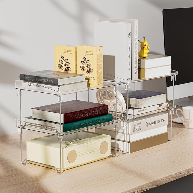 Acrylic Cabinet Organizer Shelf,4 Pcs Stackable Kitchen Counter Shelves,Spice Rack,Countertop Organizers,Clear Plastic Storage Organization for Makeup,Bathroom,Cupboard,Desk,Pantry