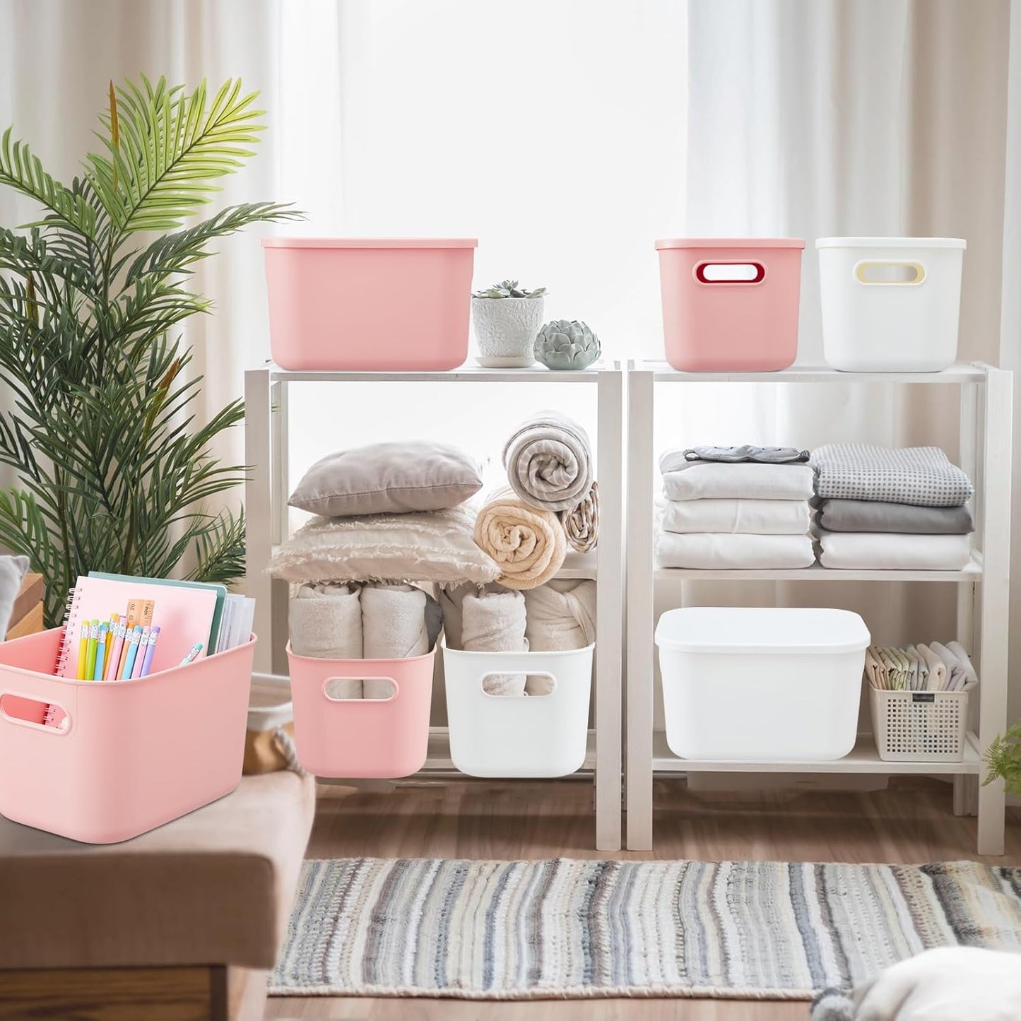 Hoolerry 8 Pieces Colorful Storage Bins with Lid, Plastic Storage Basket Organizing Container Stackable Box with Handle for Shelves Desktop Playroom Office(9.8 x 7.1 x 6.3 Inch,White and Pink)
