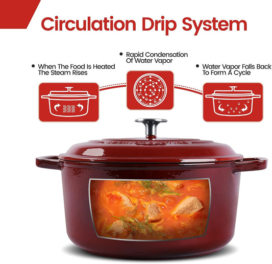 Enameled Cast Iron Dutch Oven Pot With Lid, Dutch Oven for Sourdough Bread Baking Round Pot Dule Handle, 6 Quart, Wine Red