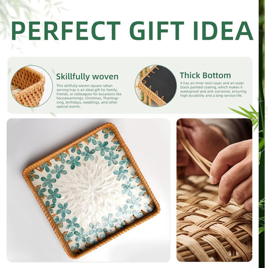 Rattan Tray with Mother of Pearl Inlay, Boho Coffee Table Decor, Decorative Serving Tray, Farmhouse Gift for Living Room & Bathroom