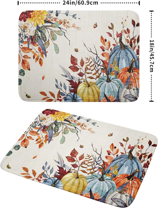 Giwawa Fall Dish Drying Mat for Kitchen Countertop, Watercolor Autumn Teal Blue Orange Pumpkins Floral Dish Drainer Mats, Thanksgiving Harvest Absorbent Dish Drying Pad Decor, 18x24 inch Large