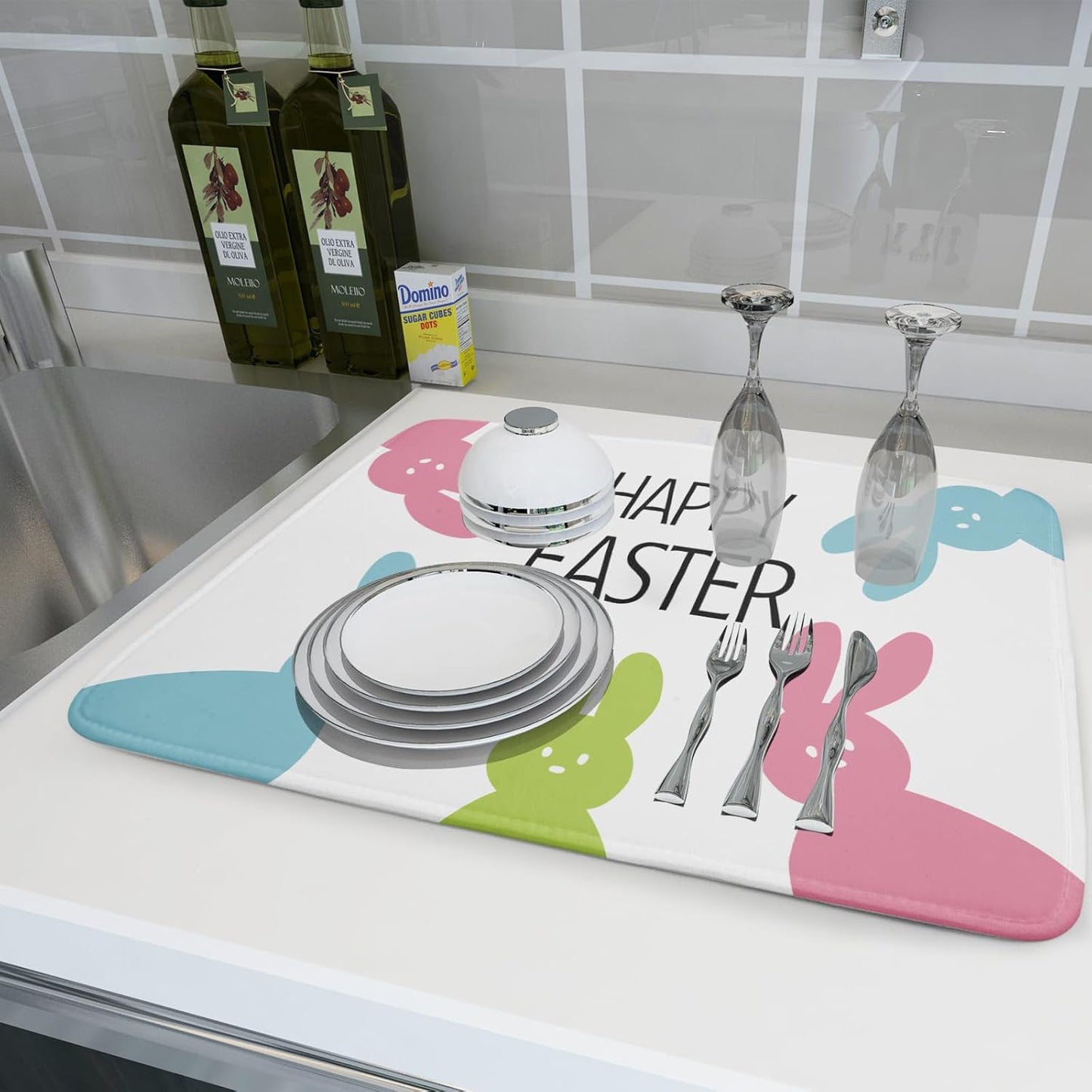 Spring Easter Dish Drying Mats for Kitchen Counter 18×24 Inch Cute Bunny Rabbit Large Microfiber Drying Mat Kitchen Accessories Dish Rack Mat Drainer Pad Washable Absorbent