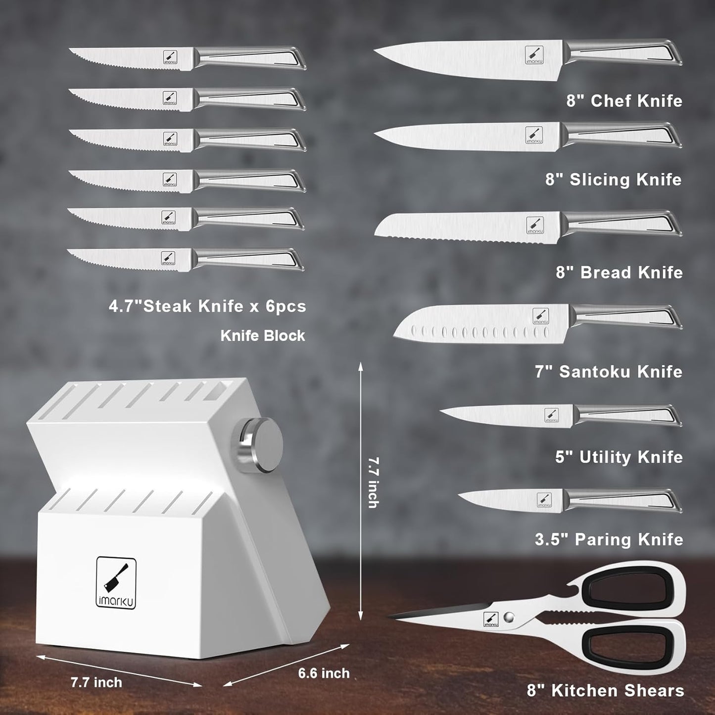 imarku Knife Set G14 - Stainless Steel Kitchen Knives with Block, Built-in Sharpener, Dishwasher Safe, Rust Resistant, Non-Slip Ergonomic Handle - 14pcs Ultimate Gift for Home Cooks & Chefs, White