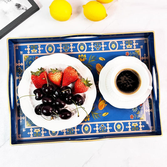 Boho Blue Decorative Tray, Serving Tray with 4 Handles, Plastic Tray for Coffee Table, Ottoman - Ideal for Living Room & Bathroom. 15” x 11” x 1.9”