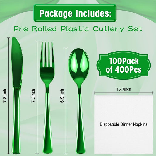 100Pack Pre Rolled Green Plastic Silverware - Wrapped Green Disposable Cutlery with Napkins, Pre Rolled Plastic Cutlery Set, Disposable Silverware with Dinner Napkins for St Patrick's Day