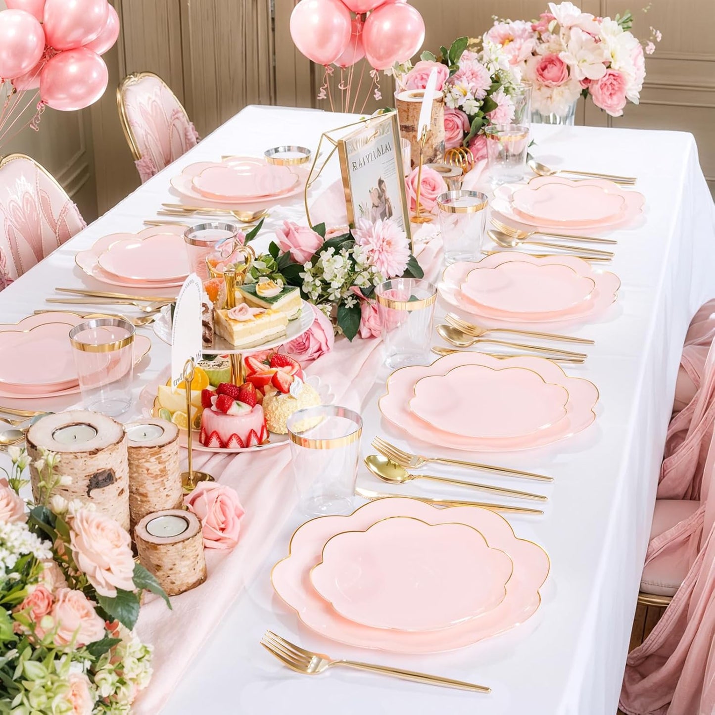 EI 180pcs Pink Plastic Plates with Gold Plastic Silverware,Party Plates Disposable,Pink Dinnerware Set for Afternoon Tea,Wedding,Birthday,Easter
