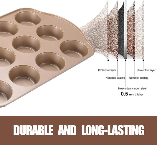 2 Pack Nonstick Muffin Pan Set, 12-Cup Heavy Duty Cupcake Baking Pan with Handles - PFOA-Free Muffin Tin, Rust Proof & Warp Resistant, Oven Safe 430°F (Gold)