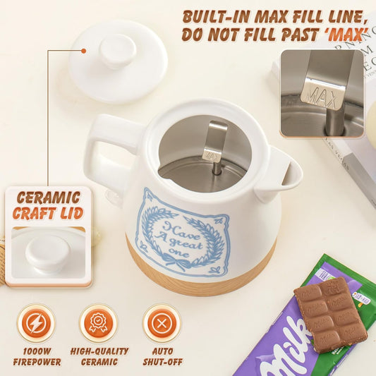 Ceramic Kettle Electric White 1.0 Liter, 1000 Watts Hot Water Boiler Teapot Fast Boil For Coffee & Tea, Automatic Shut-off, BPA-Free, Boil-Dry Protection