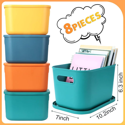 Hoolerry 8 Pieces Colorful Storage Bins with Lid, Plastic Storage Basket Organizing Container Stackable Box with Handle for Shelves Desktop Playroom Office(10.2 x 7 x 6.3 Inch,Multi-colored)