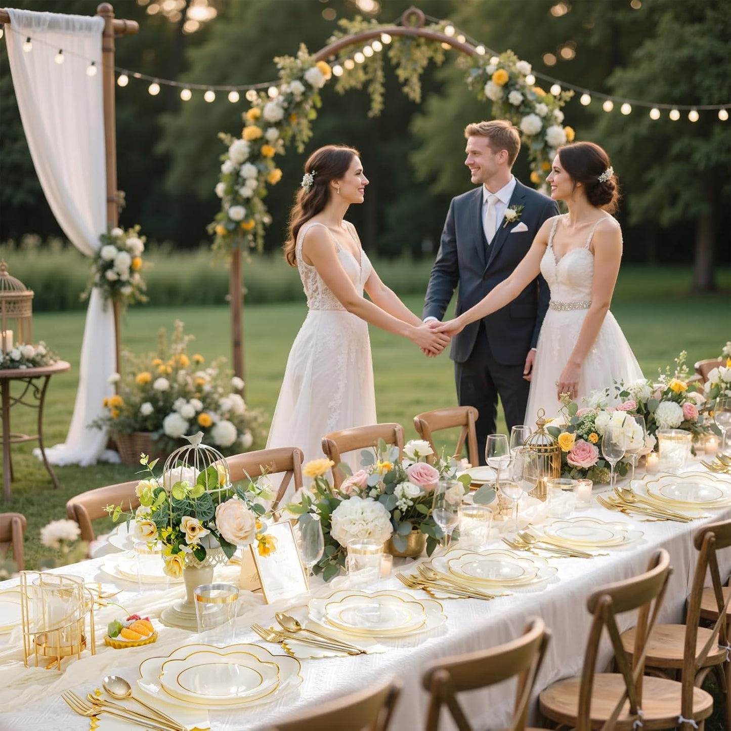 WONDERFUL 350PCS Ivory Plastic Plates for Party Plates Disposable Heavy Duty Ivory Gold Plastic Dinnerware Set for 50 Guests - 100 Disposable Plate,150 Silverware,50 Cup,50 Wedding Napkins for Wedding