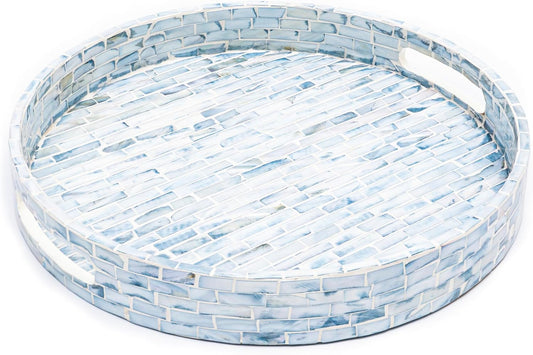 CLAYNIX Serving Tray 12.5 Inch, Wooden Lacquer Tray with Mother of Pearl Inlay, Elegant Tea & Breakfast Tray with Handles (Round)