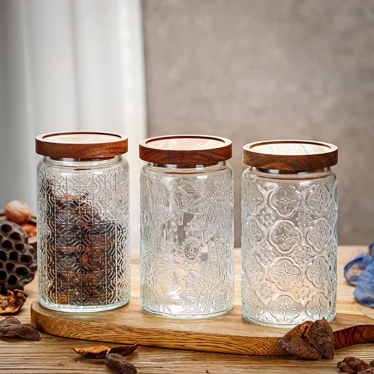 ANSQU Vintage Glass Storage Jar, Glass Canister Storage Jar Container with Airtight Wooden Lid for Kitchen Counter, Pantry, Coffee, Tea, Sugar, Cookie Jars (Round&Square-Sunflower)