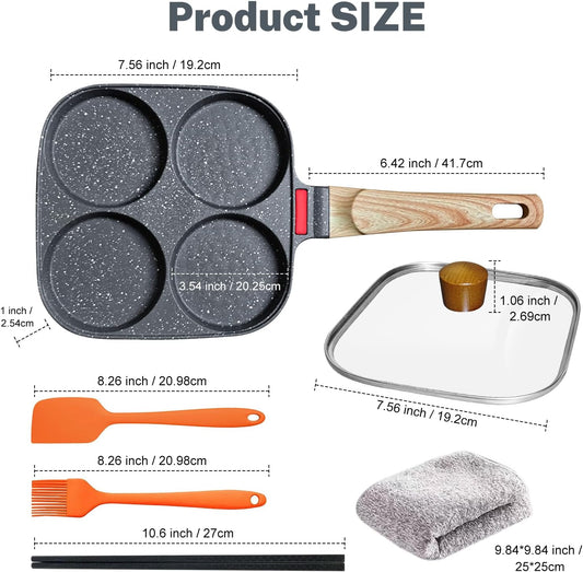 4‑Cup Nonstick Egg Pan Set with Lid – Aluminum Omelette Skillet for Breakfast, Includes Silicone Scraper, Oil Brush, Chopsticks & Cleaning Cloth – Compatible with Gas & Induction Cooktops
