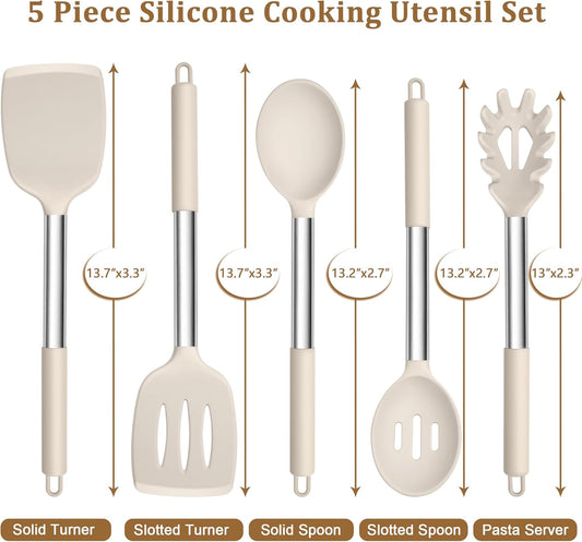 TeamFar Cooking Utensils Set, 5 PCS Silicone Kitchen Utensils with Stainless Steel Handle for Nonstick Cookware Turning Flipping Frying Draining, Heatproof & Healthy, Nonstick & Easy Clean, Khaki