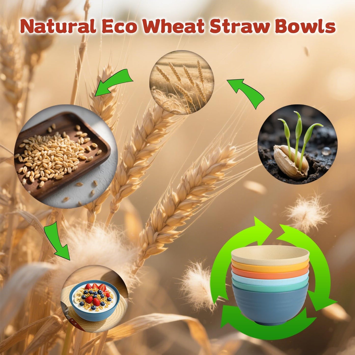 Wrova Wheat Straw Camping Bowls Sets of 6,Unbreakable 26oz Lightweight Bowls Sets for Outdoors Activity,Breakfast Bowls for Cereal and Salad.Vibrant Series