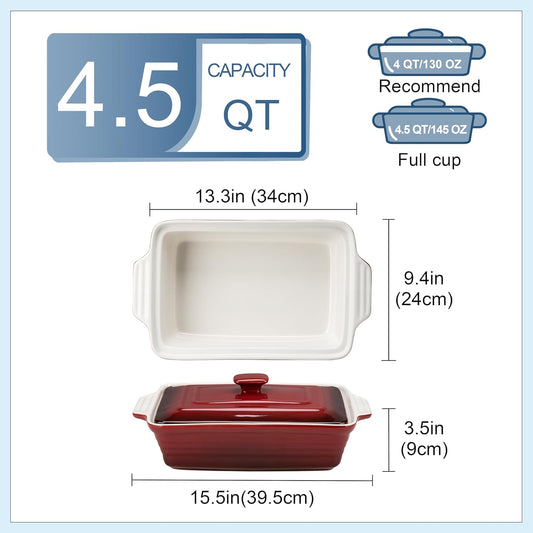 LOVECASA 4.5 Quart Ceramic Casserole Dish with Lid, 9x13 Baking Dish for Oven, Lasagna Pan Deep with Handles, Stoneware Bakeware, Oven & Dishwasher Safe, Gradient Red