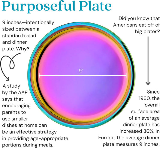 Ahimsa Stainless Steel Plates for Kids - 9" Round Rainbow Toddler Plates, Non Toxic Plate, BPA Free & Dishwasher Safe (Set of 4)