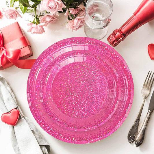 50 Pcs Iridescent Hot Pink Paper Plates 25 × 7'' and 25 × 9'' Disposable Pink Shiny Holographic Foil Dinner Plates for Wedding Baby Shower Birthday Disco Party Glitter Dessert Plate